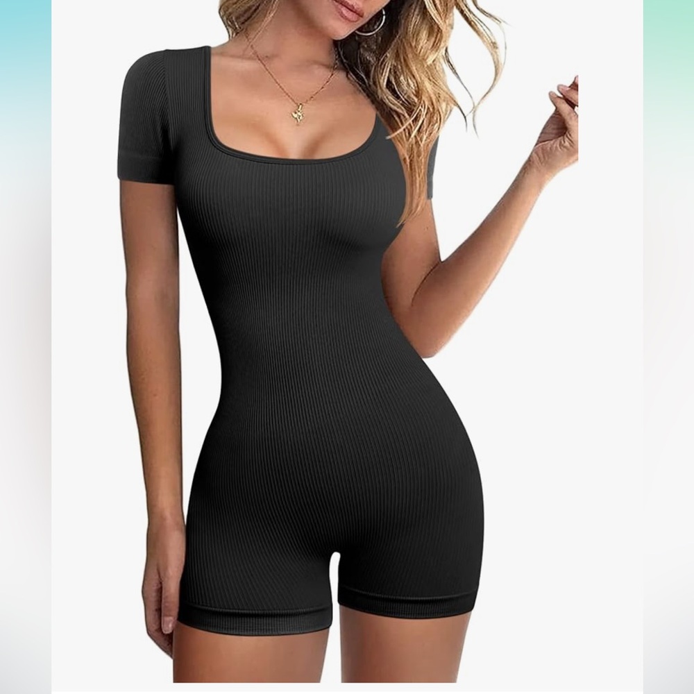 OQQ Women's Yoga Workout Ribbed Short Sleeve Sport Romper